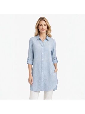 Tahari 100% Linen Tunic Button Up Shirt
Blue Roll Tab Sleeve L